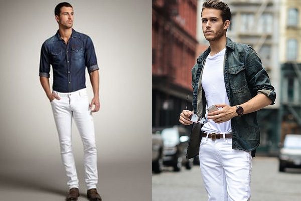 camisa jeans com calça branca masculino